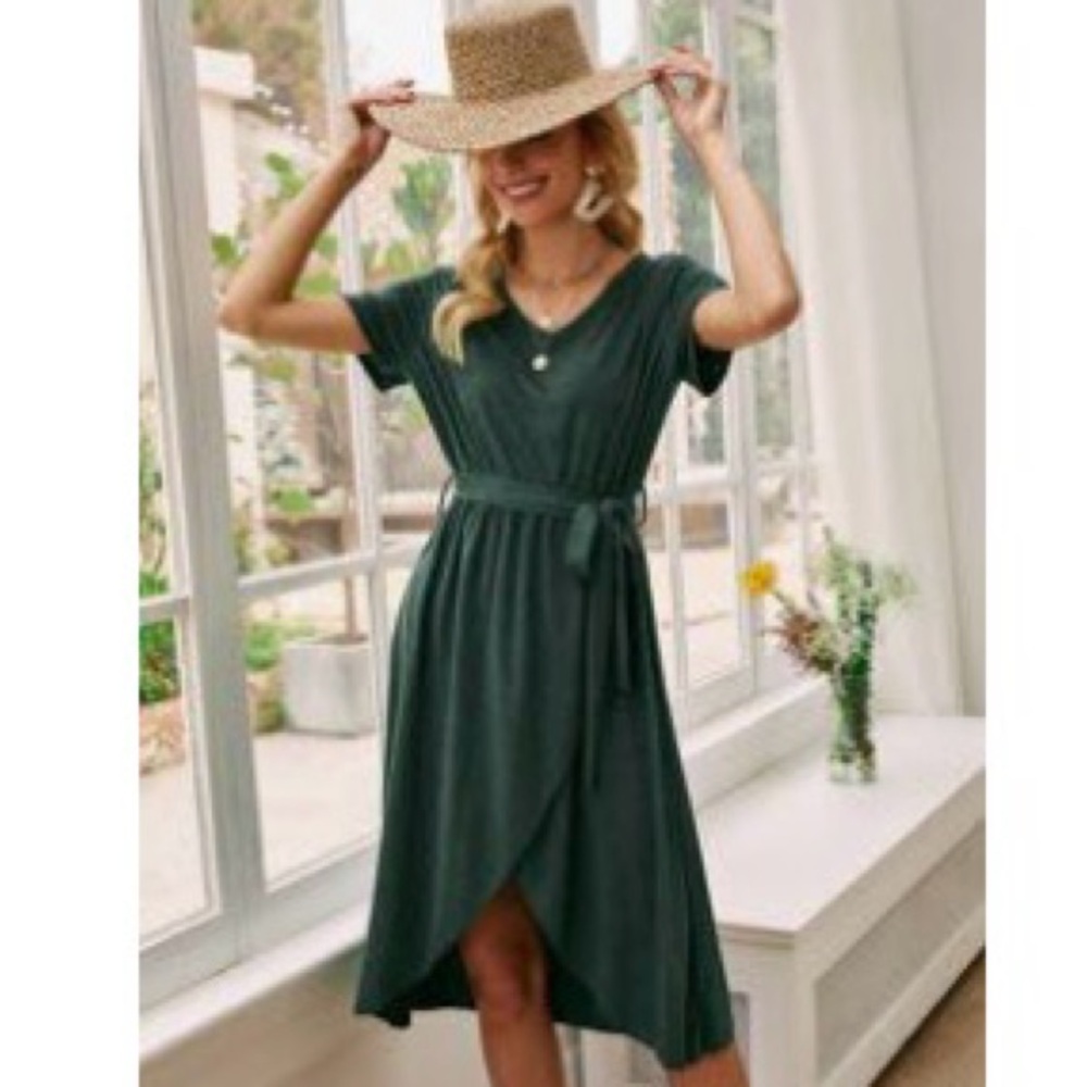 V-neck Self Tie Green Wrap Dress
